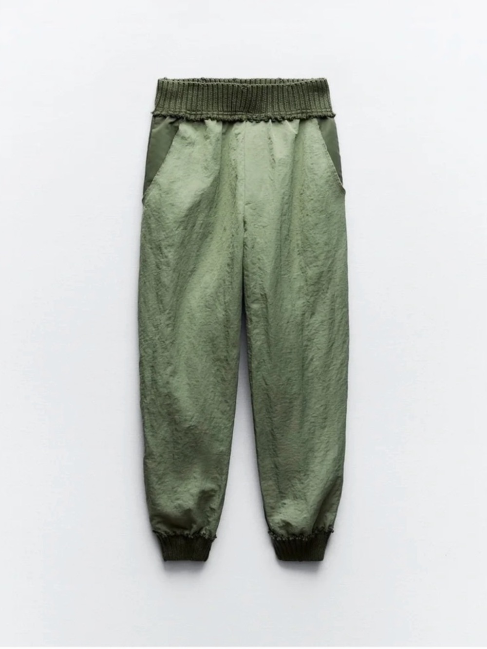Zara Olive Green Patchwork Nylon Knit Combination Jogger Pants Size M NWT